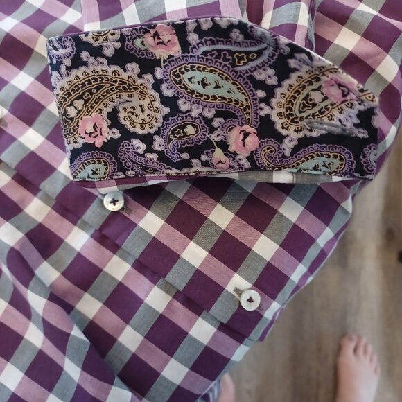 Jack Lipson Signature Shirt  Flip Cuff Paisley Plaid Eclectic Size: 16.5 - Picture 7 of 10